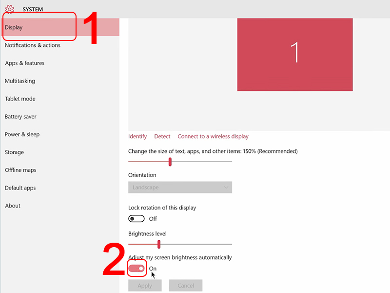 Gạt nút sang trái để tắt Adjust my screen brightness automatically